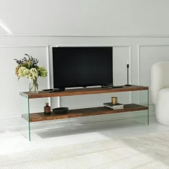 Banc TV en bois brun et verre - 2 niveaux, 140 cm LHASA