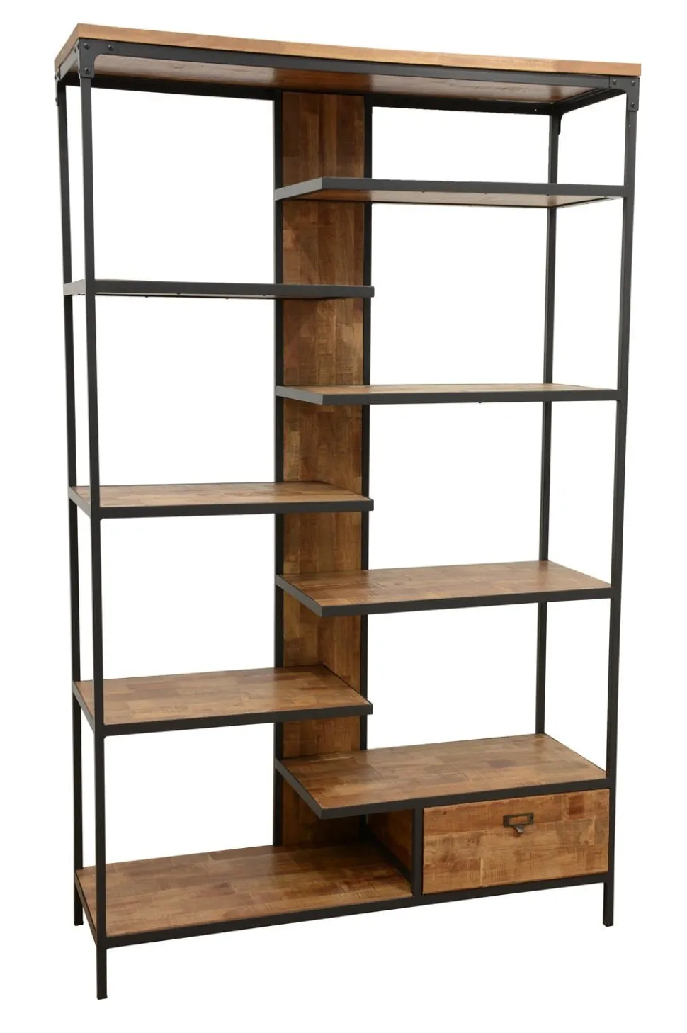 Bibliothèque 1 tiroir, 8 étages en quinconce en Hévéa recyclé naturel et métal 120x40x195cm LOFT