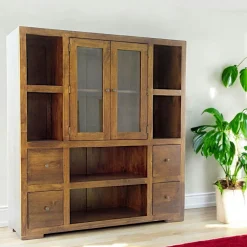 Bibliothèque / Vaisselier Hévéa 2 portes vitrées et bois, 2 tiroirs, 6 niches 130x40x140cm OLGA