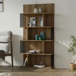 Bibliothèque design effet bois noyer niches asymétriques UMEA
