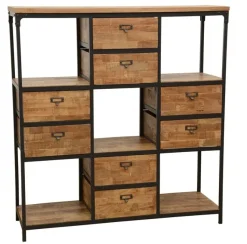 Bibliothèque Double Faces 8 tiroirs, 5 niches cubes en Hévéa recyclé naturel et métal 120x40x128cm LOFT