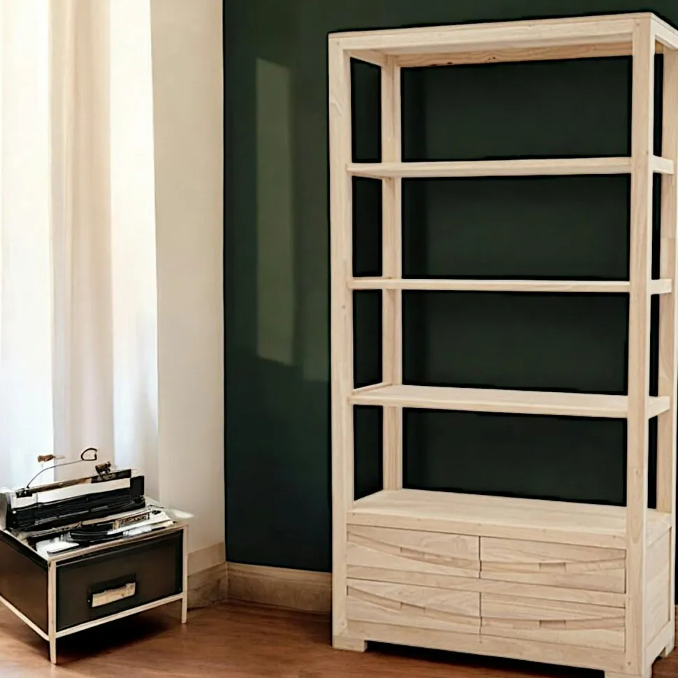 Bibliothèque Hévéa 4 tiroirs, 4 étagères 100x40x190cm NIAGARA