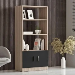 Bibliothèque moderne effet bois avec portes noires MARFA