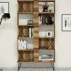 Bibliothèque moderne effet noyer à croisillons noirs JENA