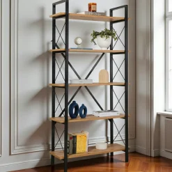 Bibliothèque étagère dorée, 5 plateaux blancs JENA