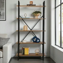 Bibliothèque étagère noire, 5 plateaux effet noyer JENA