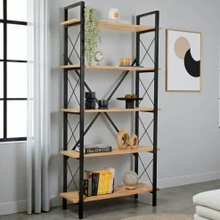 Bibliothèque étagère noire, 5 plateaux effet pin JENA