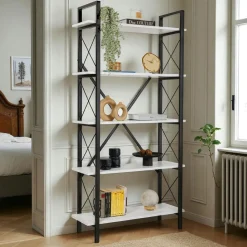 Bibliothèque étagère noire, 5 plateaux effet pin JENA