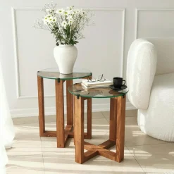 Bout de canapé bois brun avec plateau verre (lot de 2) ANZIO