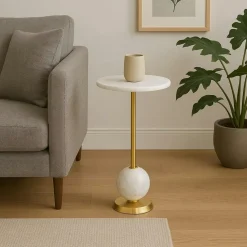 Bout de canapé design en marbre avec plateau doré Ø51 cm TALLINN