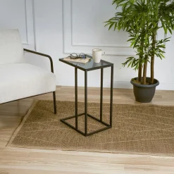 Bout de canapé métal noir – plateau verre fumé design TULUM