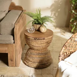Bout de canapé rond chanvre tressé plateau bois recyclé 41 cm SWING