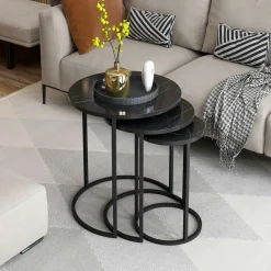 Bout de canapé rond effet marbre noir (lot de 3) JENA