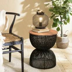 Bout de canapé rond en rotin noir plateau bois 41 cm SWING