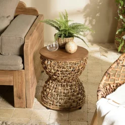 Bout de canapé rond en rotin beige plateau bois 41 cm SWING