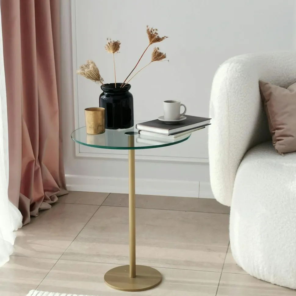 Bout de canapé rond en verre, pied métal doré Ø40 cm TULUM