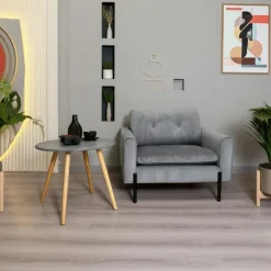 Bout de canapé rond pieds bois et plateau béton D65xH57cm