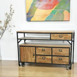 Buffet / Console à roulettes en 2 parties, 4 + 1 tiroirs, 1 porte en Hévéa recyclé naturel et métal 150x53x97cm LOFT