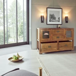 Buffet / Console Hévéa 2 portes vitrées, 2 tiroirs, 2 casiers amovibles 124x42x82cm TRADITION