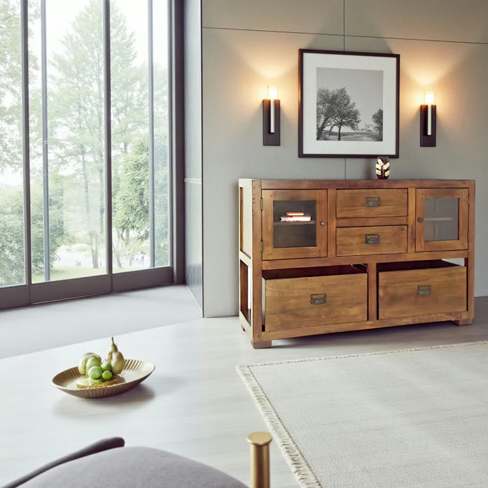 Buffet / Console Hévéa 2 portes vitrées, 2 tiroirs, 2 casiers amovibles 124x42x82cm TRADITION