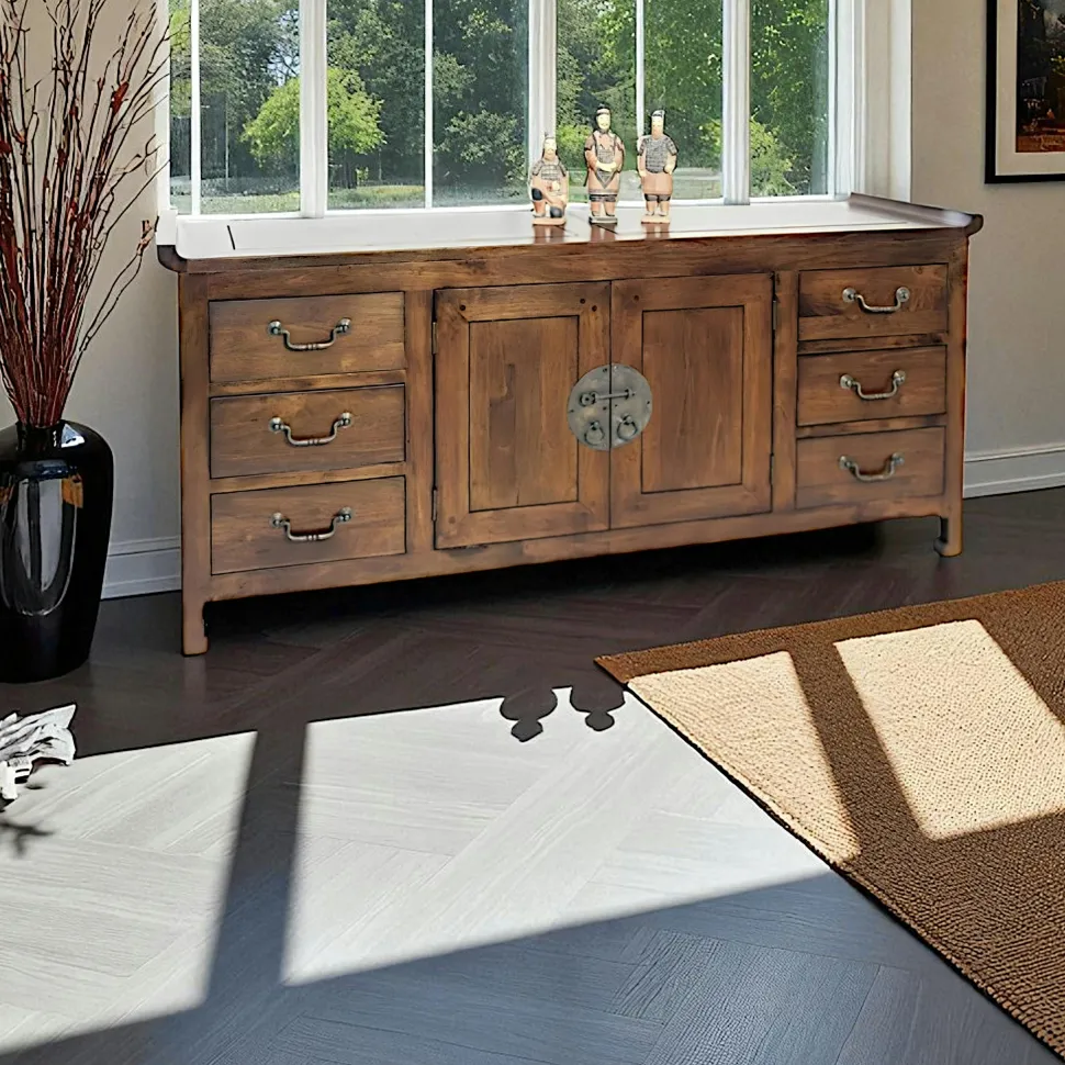 Buffet / Enfilade Chinois Hévéa 2 portes, 6 tiroirs 145x45x65cm MAORI