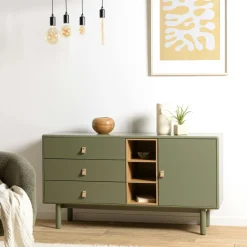 Buffet 1 porte 3 tiroirs bois vert nature GUILIN