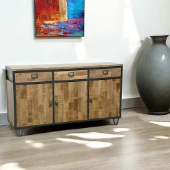 Buffet 3 portes, 3 tiroirs en Hévéa recyclé naturel et métal 150x45x85cm LOFT