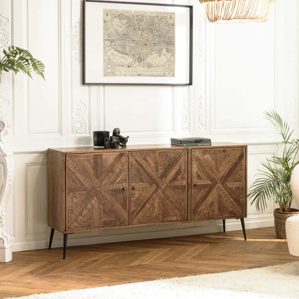 Buffet 3 portes bois recyclé marqueterie KORKAI