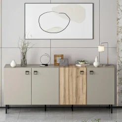 Buffet 4 portes effet bois et gris, poignées carrées JENA