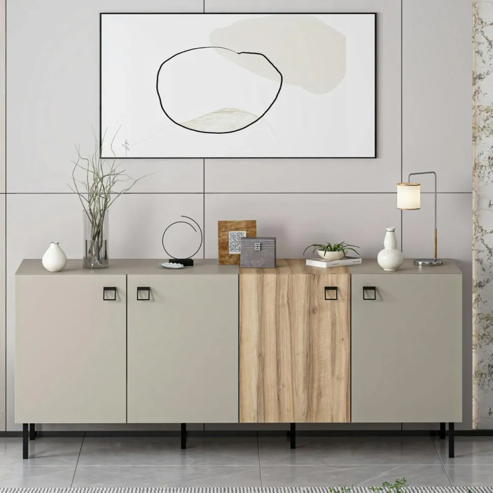 Buffet 4 portes effet bois et gris, poignées carrées JENA