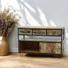 Buffet à roulettes 3 tiroirs, 1 porte coulissante, 1 niche ouverte en Hévéa recyclé coloré et métal 120x45x80cm LOFT COLORS