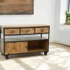 Buffet à roulettes 3 tiroirs, 1 porte coulissante, 1 grande niche ouverte en Hévéa recyclé naturel et métal 120x45x80cm LOFT