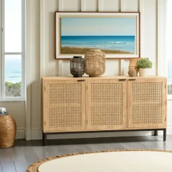 Buffet bas 3 portes cannage naturel pieds métal PALMA