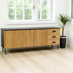 Buffet bas 3 portes en bois bicolore, façade ondulée TARAN