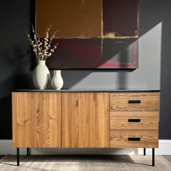 Buffet bas 3 portes en bois bicolore, façade ondulée TARAN