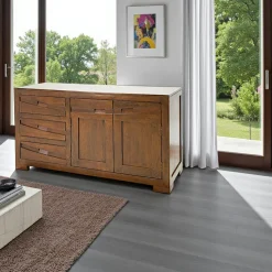 Buffet bas Hévéa 2 portes, 3 tiroirs 120x45x65cm NIAGARA