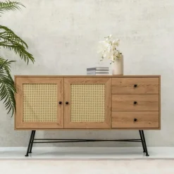 Buffet bohème effet bois, 2 portes en cannage VAREN