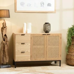 Buffet bois clair 2 portes rotin 3 tiroirs pieds métal PALMA
