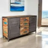 Buffet bois recyclé 4 tiroirs bois recyclé 2 portes métalliques 160x45x90cm CARAVELLE