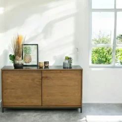 Buffet contemporain chêne massif encadrement métal noir HUDSON