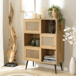 Buffet de rangement bois et cannage 3 portes coulissantes ALCUDIA