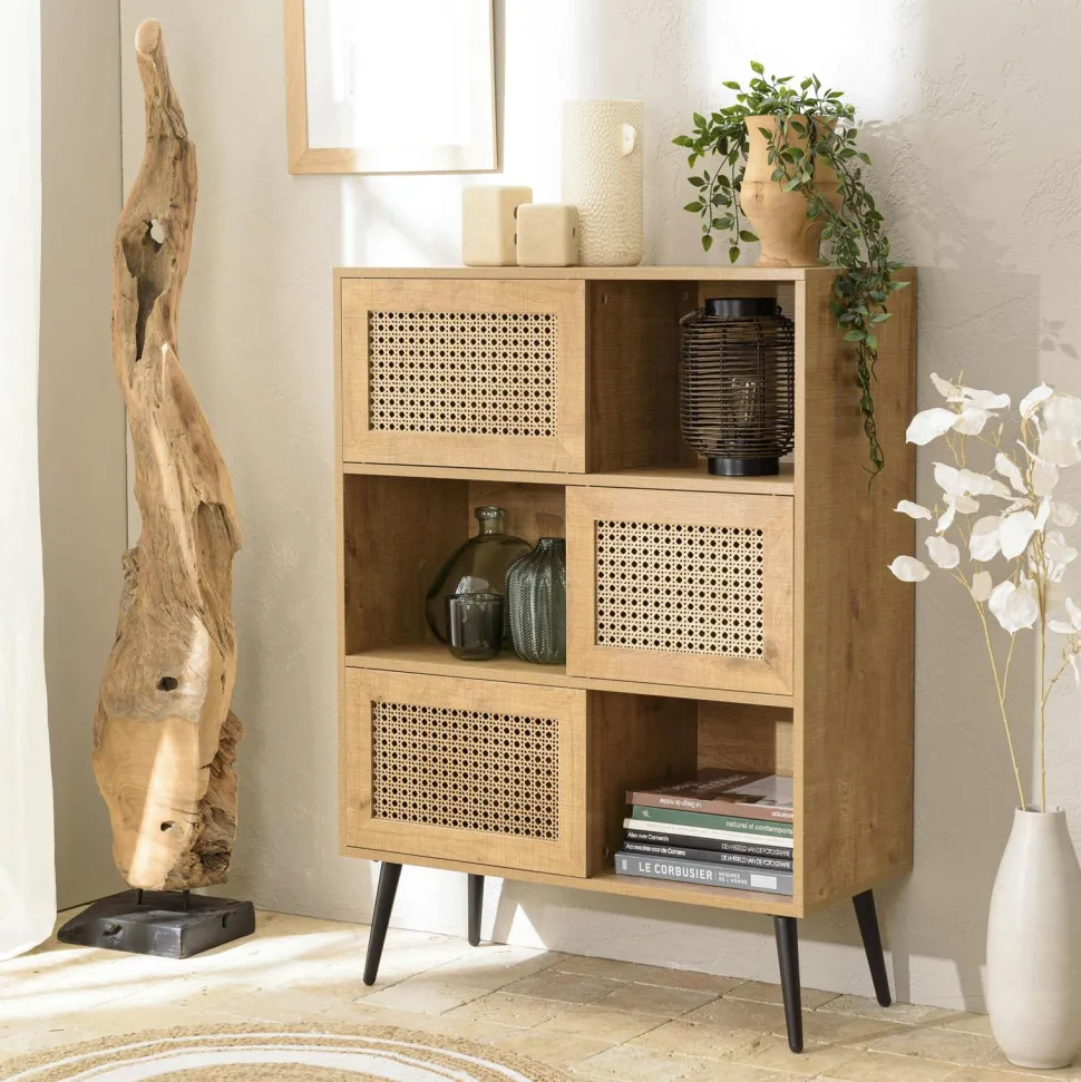 Buffet de rangement bois et cannage 3 portes coulissantes ALCUDIA