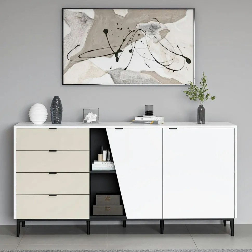 Buffet design contemporain noir et blanc à pan oblique JENA