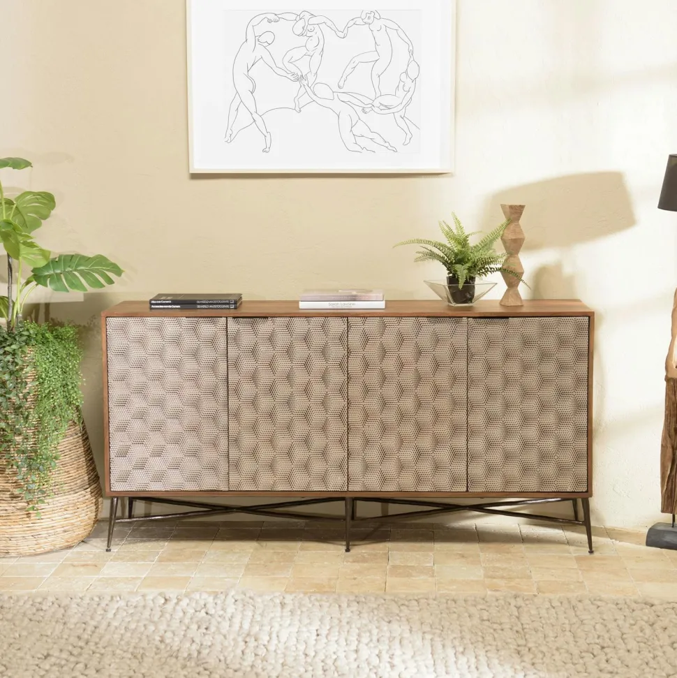 Buffet en bois 4 portes motifs graphiques KANHA