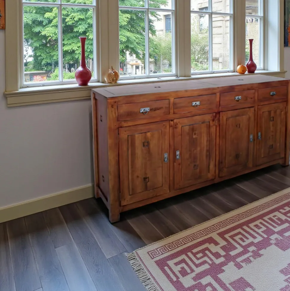 Buffet Enfilade Hévéa 4 portes, 4 tiroirs 200x50x100cm TESSA