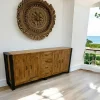 Buffet enfilade hévéa recyclé naturel et métal noirci 4 tiroirs 4 portes 220X45X90cm DOCKER