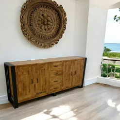 Buffet enfilade hévéa recyclé naturel et métal noirci 4 tiroirs 4 portes 220X45X90cm DOCKER
