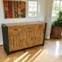 Buffet enfilade hévéa recyclé naturel et métal noirci 4 tiroirs 4 portes 220X45X90cm DOCKER