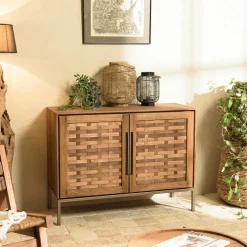 Buffet haut 155 cm 3 portes en teck recyclé sur pied SWING