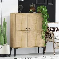 Buffet haut moderne effet bois clair - 4 portes JENA
